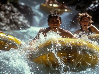 Fototapeta premium A group of people riding on rafts in a river. Generative AI.