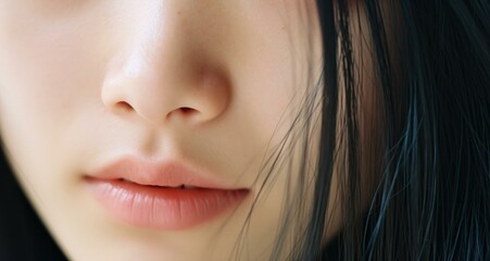 A close up of a woman with long black hair and blue eyes. Generative AI.