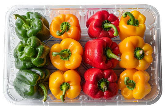 Plastic container with fresh green, yellow, red bulgarian peppers isolated on a transparent background. View from top. Vegetable box for shop or market showcase.
