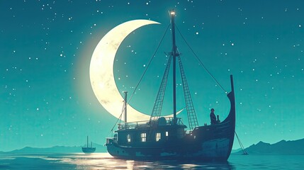Retro maritime odyssey, quiet vessel under a crescent moon, starlit sky for captions, timeless hue clean sharp, focus - obrazy, fototapety, plakaty