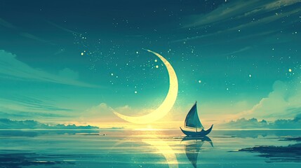 Solitary sailor on serene night waters, crescent moons glow, vintage colors, ample sky for text clean sharp, focus - obrazy, fototapety, plakaty