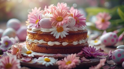 Fototapeta na wymiar Close Up of Cake Adorned With Flowers