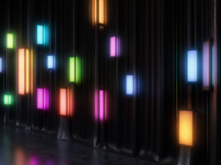Instalación artística de pasillo con luces de neón en cuadros con cortinas oscuras y efecto bokeh.