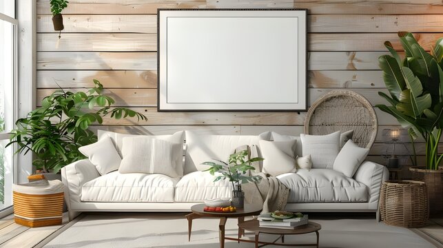 Modern living room with two square frame mockup, gray color sofa and interior decoration. 3d rendering, interior design, 3d illustration ai generated