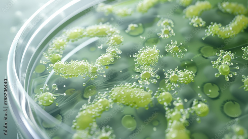 Poster petri dish with clusters of green microalgae under examination in a lab setting.