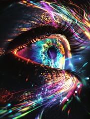 Detailed close up of an eye with vibrant, colorful lights reflecting in the pupil, creating a captivating visual effect