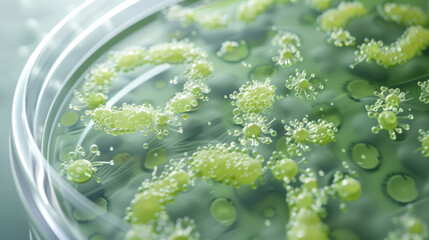 Petri dish with clusters of green microalgae under examination in a lab setting. - obrazy, fototapety, plakaty