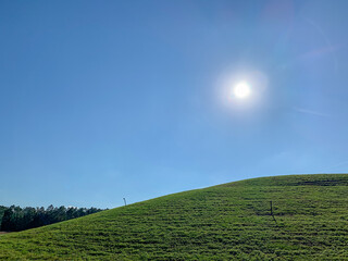 Grass covered landfill with gas vent pipes on a sunny, blue sky day - obrazy, fototapety, plakaty