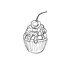 Hand drawing cupcake in doodle technique, isolated on a white background
