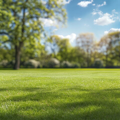 a vibrant and well-manicured grass lawn with a backdrop of lush trees and a clear blue sky with soft clouds.