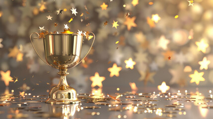 A gleaming trophy surrounded by golden stars and confetti reflects a festive celebration. - obrazy, fototapety, plakaty