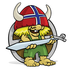Fun Troll Illustration with Sword, Long Blonde Hair, and Norwegian Flag Helmet