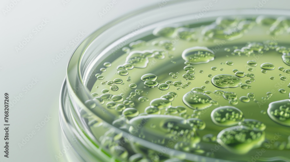 Poster petri dish with clusters of green microalgae under examination in a lab setting.