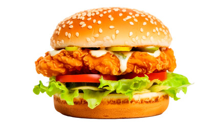 Crispy chicken burger isolated on a transparent background PNG.
