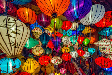 Beautiful of decoration Lanterns light in Night Market of Hoi An, Vietnam.