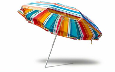 Coastal Umbrella with Tilted Canopy and Shadow Isolated on White Background.