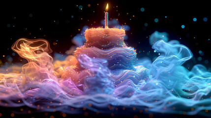 Digital Delight: Abstract Birthday Cake in Translucent Wireframe
