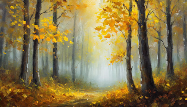 Detailed oil painting of spooky forest with yellow leaves on trees. Misty woods Wild nature. Autumn season