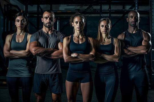 Photography of France gym trainers, professional team of workers.