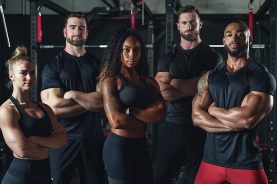 Photography of United States gym trainers, professional team of workers.