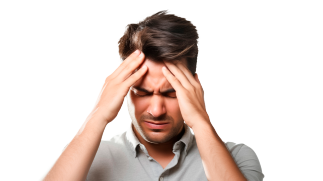 Portrait of young man isolated on transparent background, suffering from severe headache, desperate and stressed because pain and migraine.