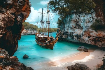 Pirate cove in Caribbean with anchored ship marauders celebrating latest pillage showcasing tales...