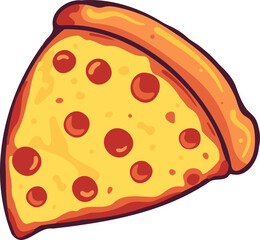 Pizza slice with melted cheese and pepperoni. Vector cartoon sticker in comic style with contour. Design element food for greeting card, poster, print for clothes, emblem.