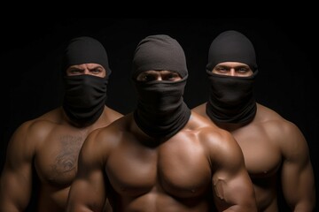 man in mask. Three muscular men in balaclavas with bare chests. - obrazy, fototapety, plakaty