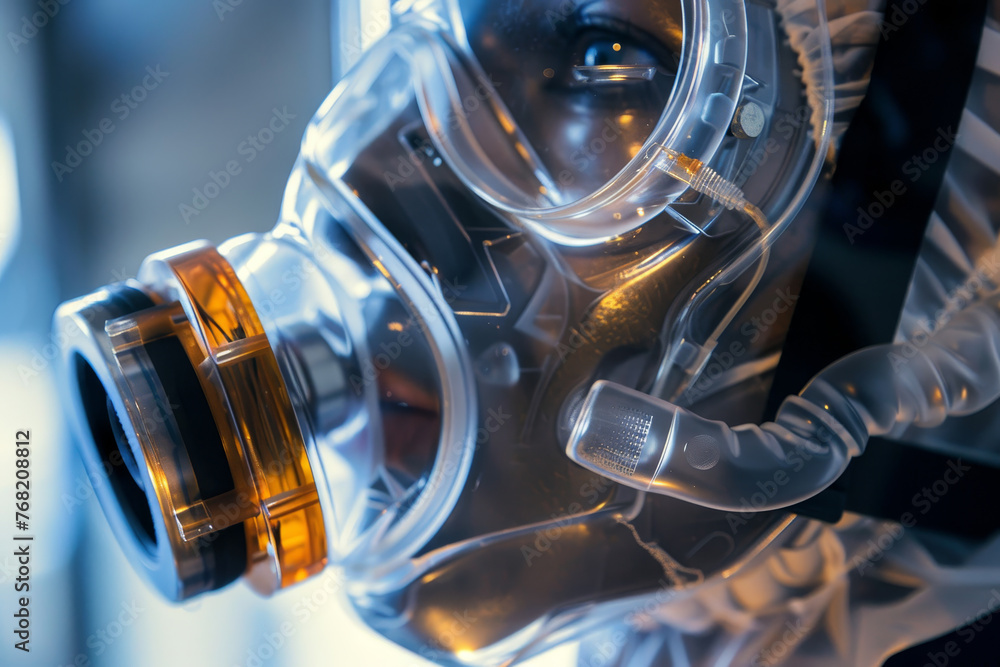 Poster a close-up view of a professional-grade oxygen mask, highlighting the intricate details of its desig