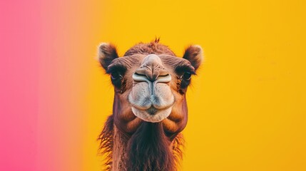Close-up of a camel's muzzle on a bright two-colour background going from pink to yellow
