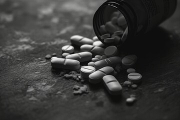 In this black and white photograph, pills can be seen spilling out of a bottle, creating a visually striking image, A grayscale image emphasizing the dark side of opioid abuse, AI Generated