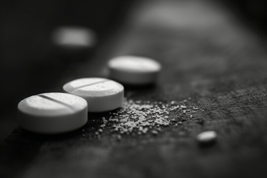 Three white pills are placed neatly on top of a table, creating a clear and precise arrangement, A grayscale image emphasizing the dark side of opioid abuse, AI Generated