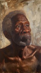 An oil painting of a slave. An oil portrait of an old afro-american slave. The oil painting of an old male slave made with harsh strokes. Slavery history.