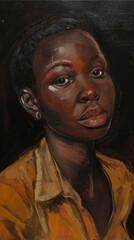 An oil painting of a female slave. An oil portrait of an old afro-american slave. The oil painting of a young girl slave made with harsh strokes. Slavery history.