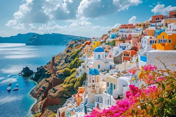 Fotobehang This photo captures a breathtaking view of a village on the edge of a cliff, overlooking a picturesque landscape, A Greek island town with colorful houses cascading down to the sea, AI Generated © Ifti Digital