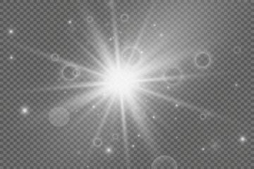 Explosion of white light isolated on transparent background. Star and sparkle effect, flash of light and glare.