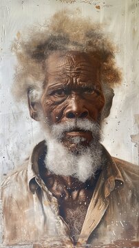 An oil painting of a slave. An oil portrait of an old afro-american slave. The oil painting of an old male slave made with harsh strokes. Slavery history.