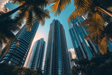 Naklejka premium A photo capturing a group of tall buildings standing amidst a lush landscape of palm trees, A group of diverse, modern skyscrapers in an urban jungle, AI Generated