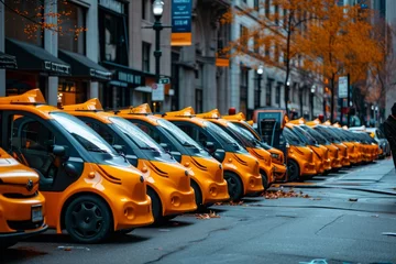 Papier Peint photo autocollant TAXI de new york A line of electric vehicles parked along the curb on a city street, A group of electric taxis in New York City, AI Generated
