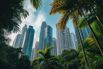 Fototapeta na wymiar A photo showing a group of tall buildings standing alongside palm trees, A group of diverse, modern skyscrapers in an urban jungle, AI Generated