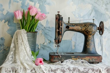 Vintage Sewing Machine with Pink Tulips. A charming setup featuring an ornate vintage sewing machine paired with a bouquet of fresh pink tulips and delicate lace fabric. Spring celebration.