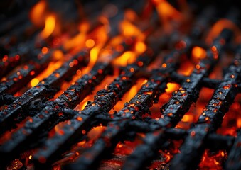 A close-up view of a grill with flames burning vigorously