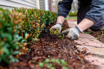 A detailed image of a landscaper repairing a home's exterior.