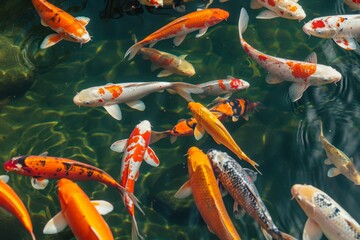 Several koi fish swimming together in a pond, A group of elegant koi carp in a tranquil Japanese pond, AI Generated - Powered by Adobe