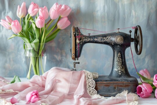 Vintage Sewing Machine with Pink Tulips. A charming setup featuring an ornate vintage sewing machine paired with a bouquet of fresh pink tulips and delicate lace fabric. Spring celebration.