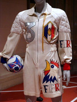 Jean Charles de Castelbajac : prototype post-match suit for the French rugby federation, 1989. fleece jersey, quilted satin, cotton, hand-painted patterns