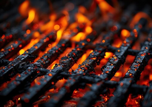 A close-up view of a grill with flames burning vigorously