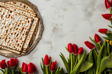 Passover Celebration with Matzah and Red Tulips. An elegant Passover setting featuring traditional matzah on a vintage plate, accompanied by vibrant red tulips, symbolizing spring and renewal 