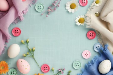 Fototapeta na wymiar Easter Crafting Frame with Pastel Colors. A creative frame made of pastel-colored buttons, Easter eggs, and soft fabric, ideal for spring and Easter-themed projects.