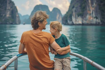Fototapeta premium The serene moment between a father and son as they sit on a boat embracing the majestic view, evokes a sense of peace and bonding
